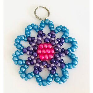 Handmade Beaded Key Fob Keychain Large 4" Easy to Find Vintage Blue Purple Beads